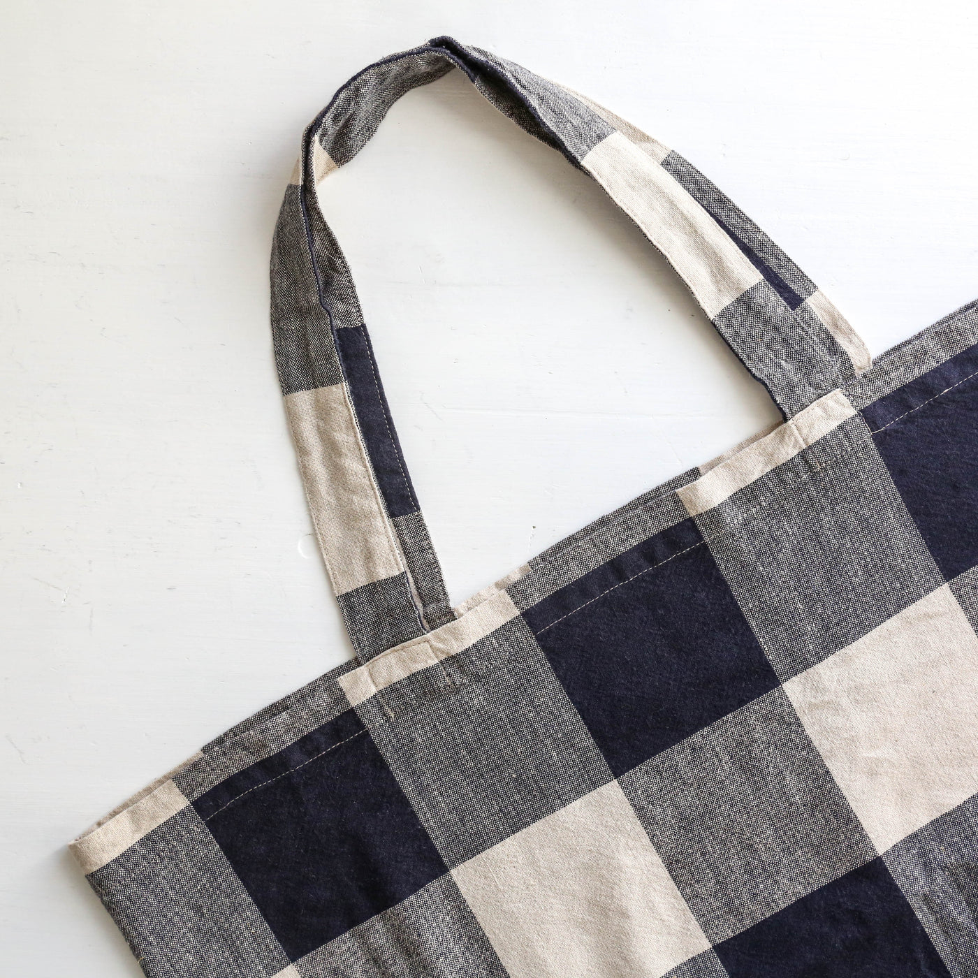 Washed Linen Cotton Sloppy Shoulder Bag - Bold Navy Check