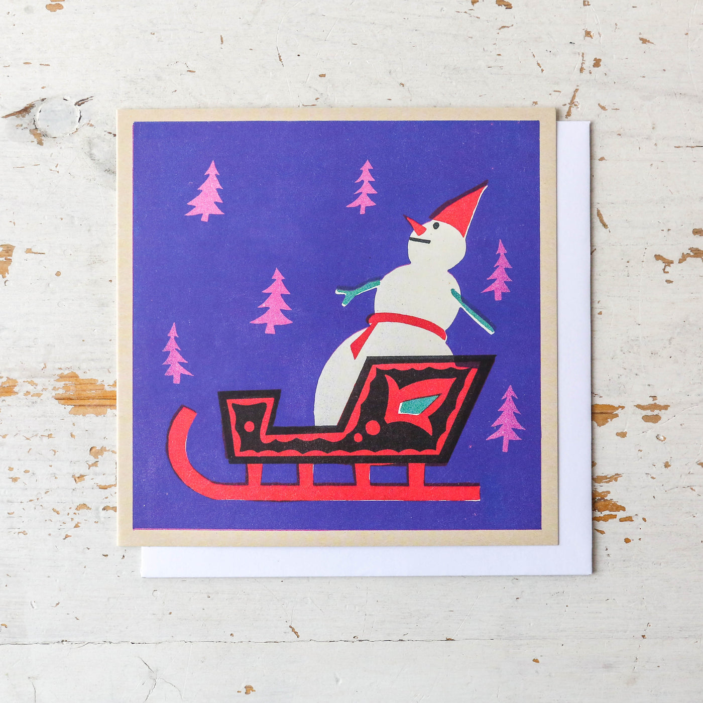 'Snowman on a Sleigh' Vintage Matchbox Card Pack of 5