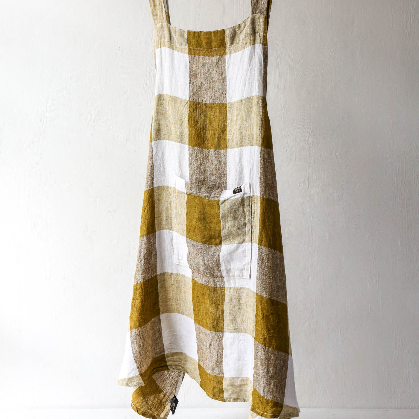 Washed Linen Japanese Style Crossback Apron - Citrus Large Check