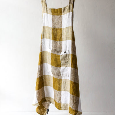 Washed Linen Japanese Style Crossback Apron - Citrus Large Check