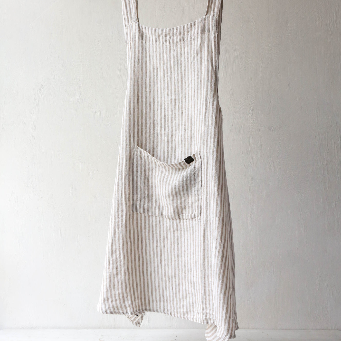 Washed Linen Japanese Style Crossback Apron - Beige Stripe