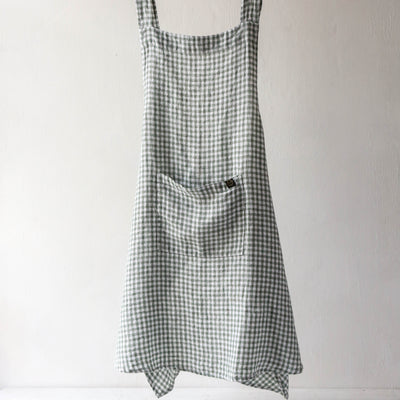 Washed Linen Japanese Style Crossback Apron - Sage Small Check