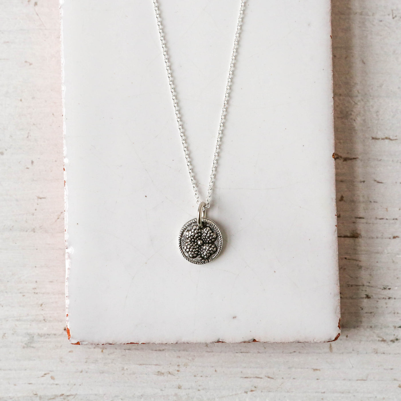 Silver Button Charm Necklace - Clover