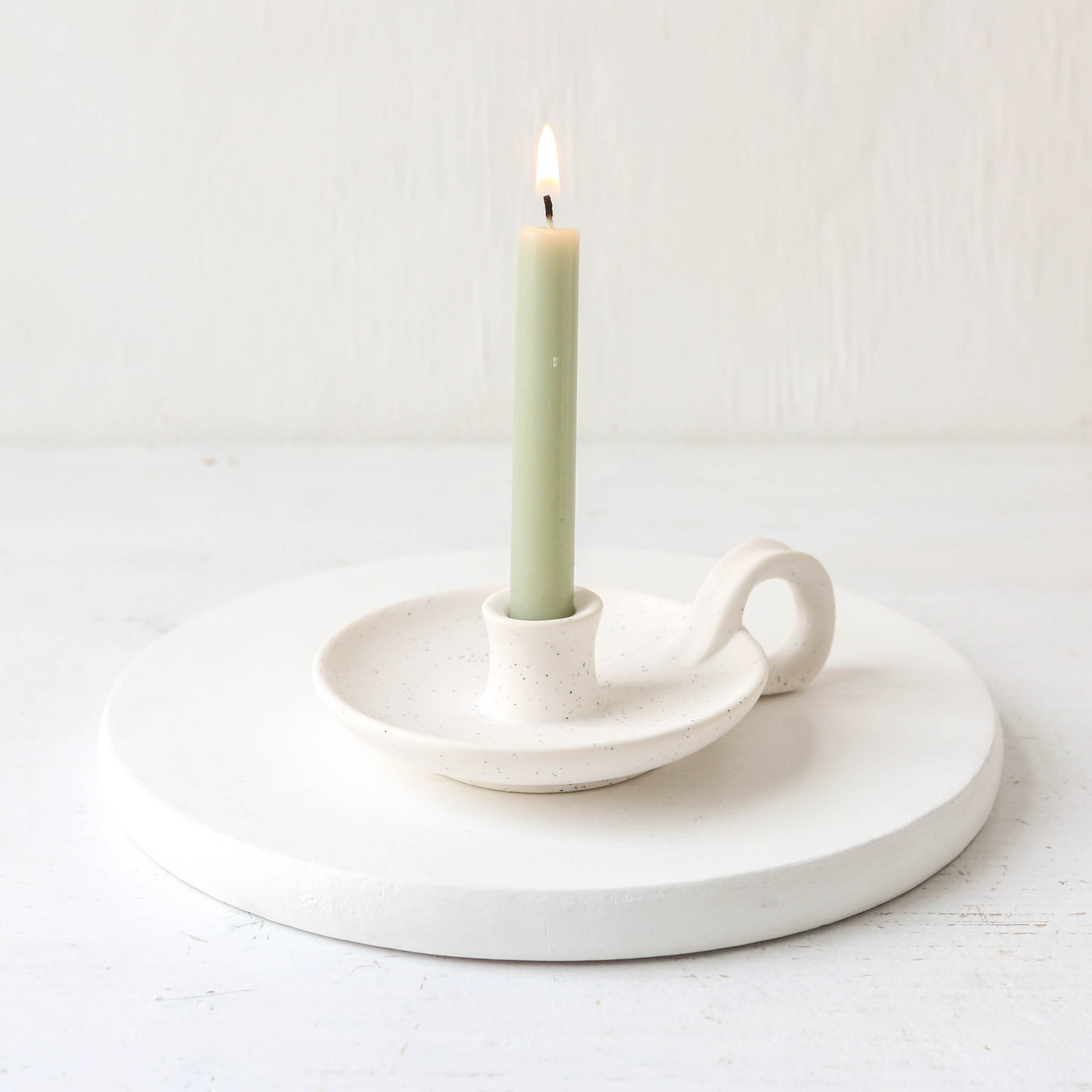 White Speckle Taper Candle Holder with Handle