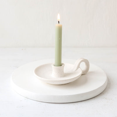 White Speckle Taper Candle Holder with Handle