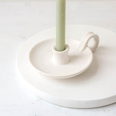 White Speckle Taper Candle Holder with Handle