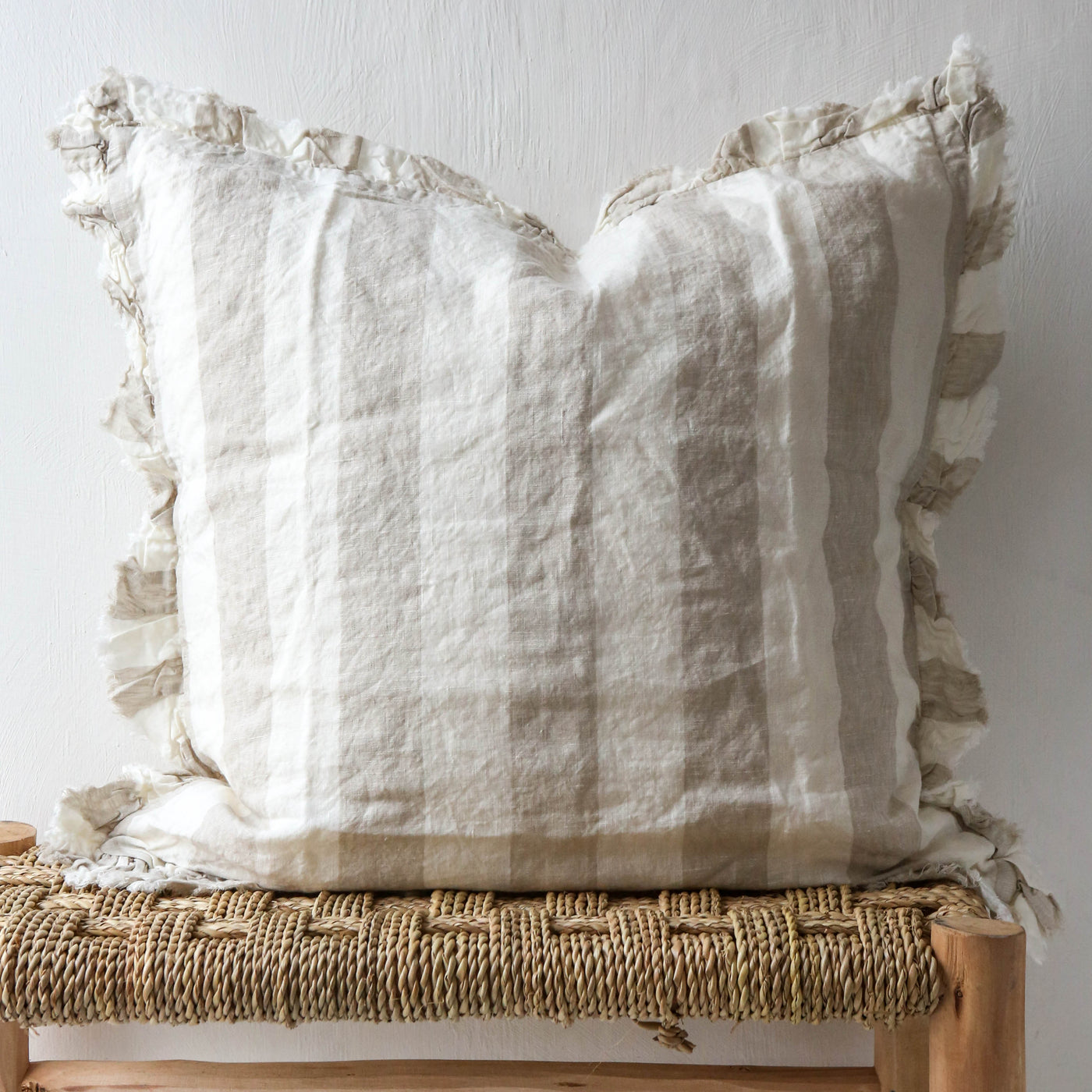 Ruffle Cushion Cover - Natural Wide Stripe