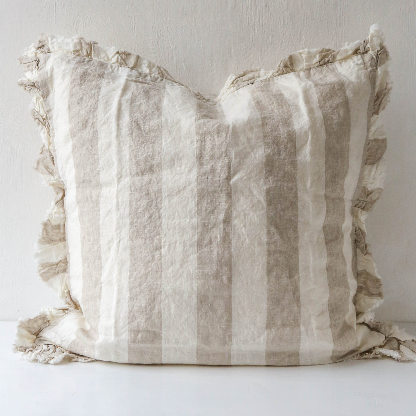 Ruffle Cushion Cover - Natural Wide Stripe