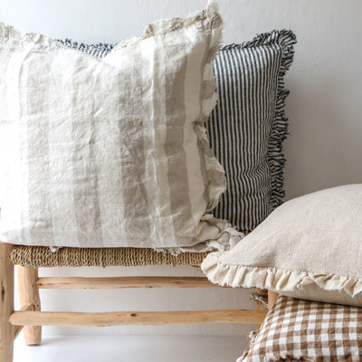 Ruffle Cushion Cover - Natural Wide Stripe