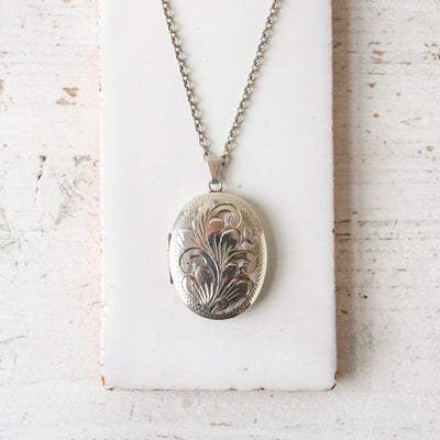 Large Vintage Silver Locket - Oval Swirl