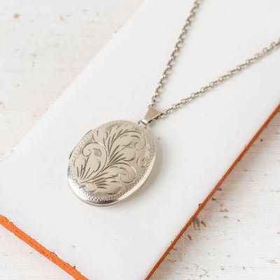 Large Vintage Silver Locket - Oval Swirl