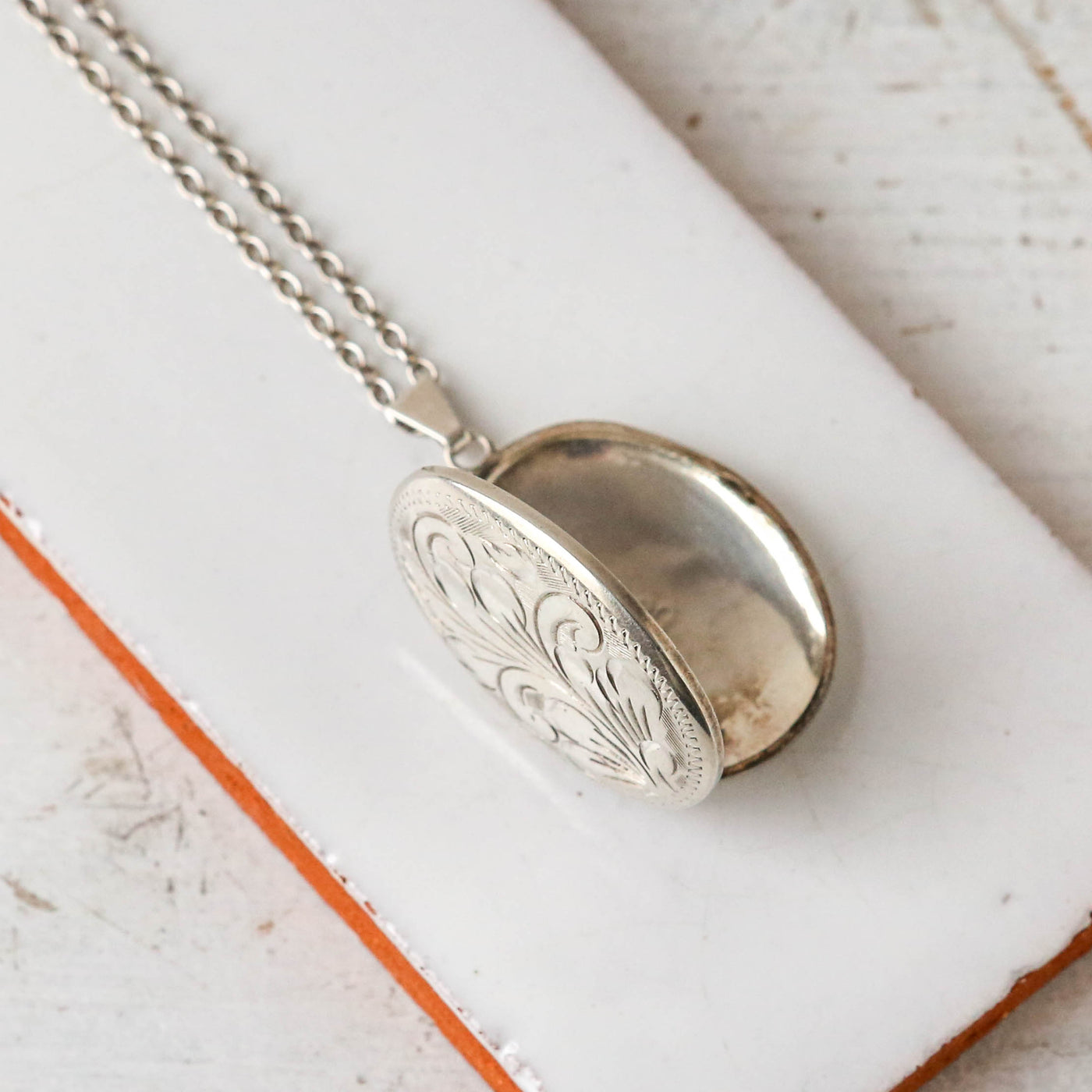 Large Vintage Silver Locket - Oval Swirl