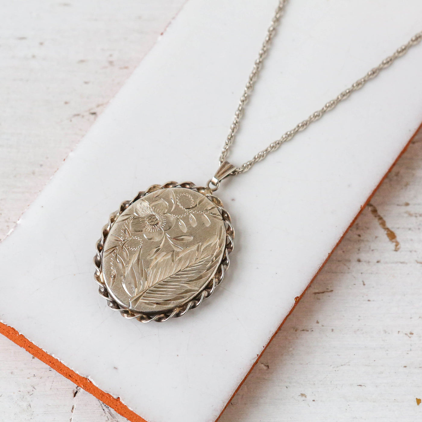 Large Vintage Silver Locket - Oval Barley Twist