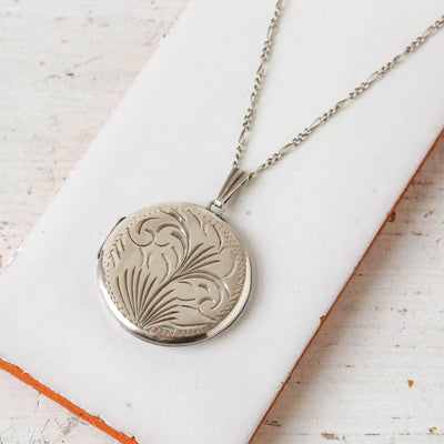 Large Vintage Silver Locket - Round Swirl