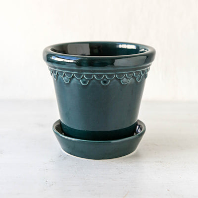 14cm Glazed Københavner Plant Pot & Saucer - Petrol Blue