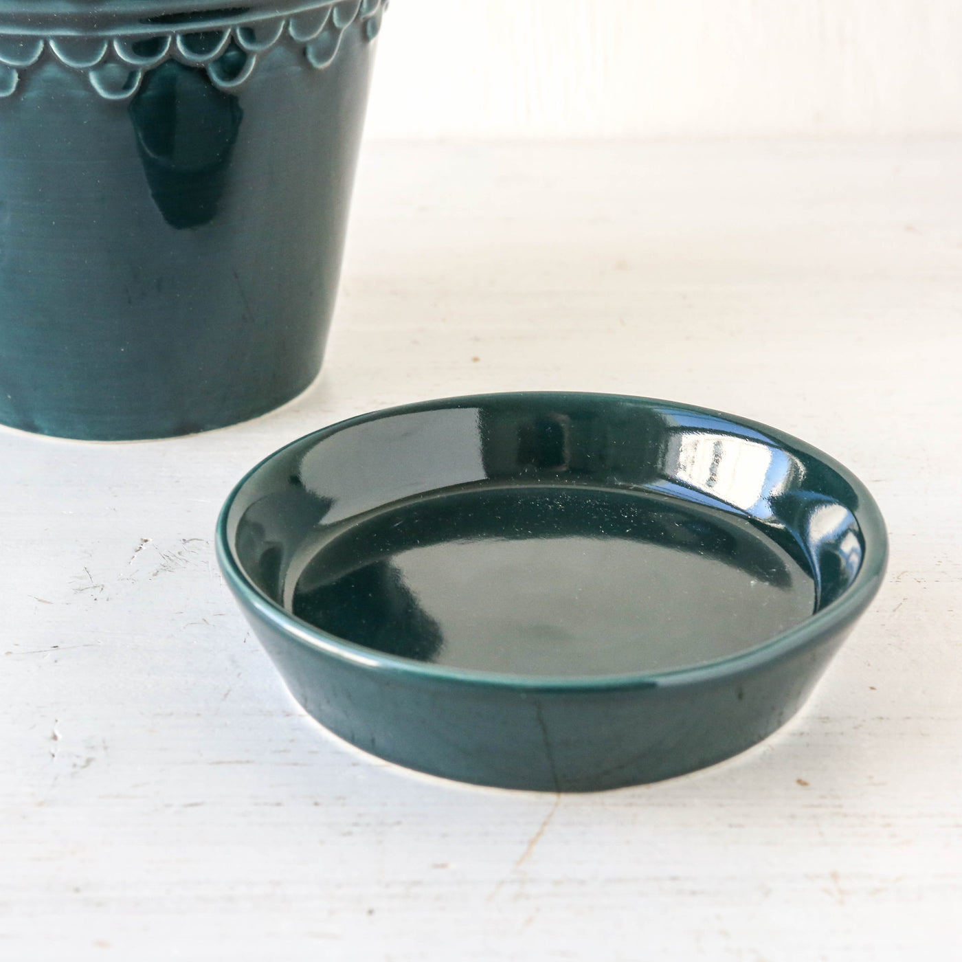 14cm Glazed Københavner Plant Pot & Saucer - Petrol Blue