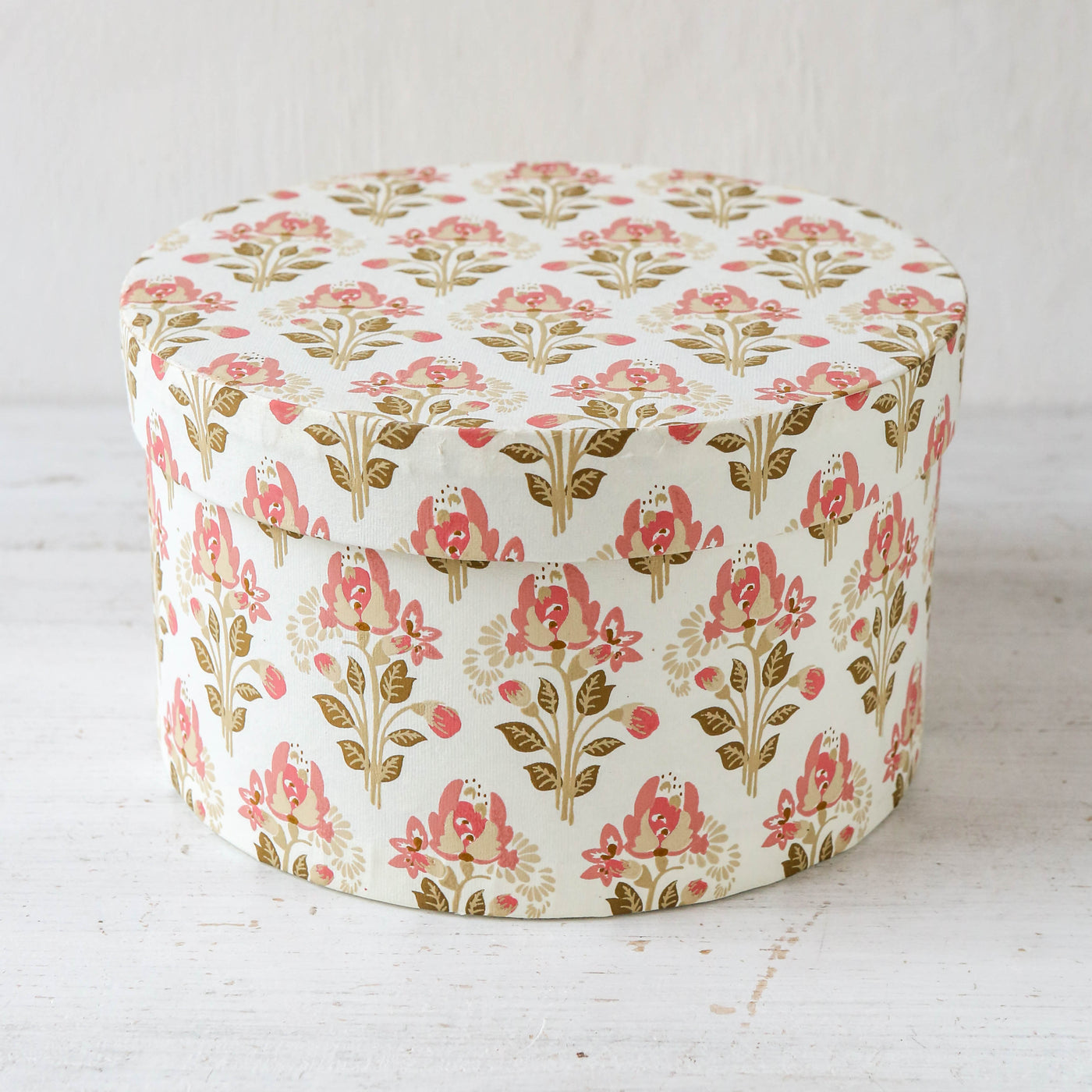 Round Covered Storage Box in Arrah Raspberry - Medium