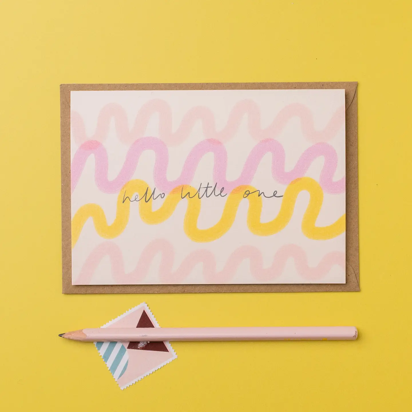 Hello Little One Pink & Yellow Waves Card