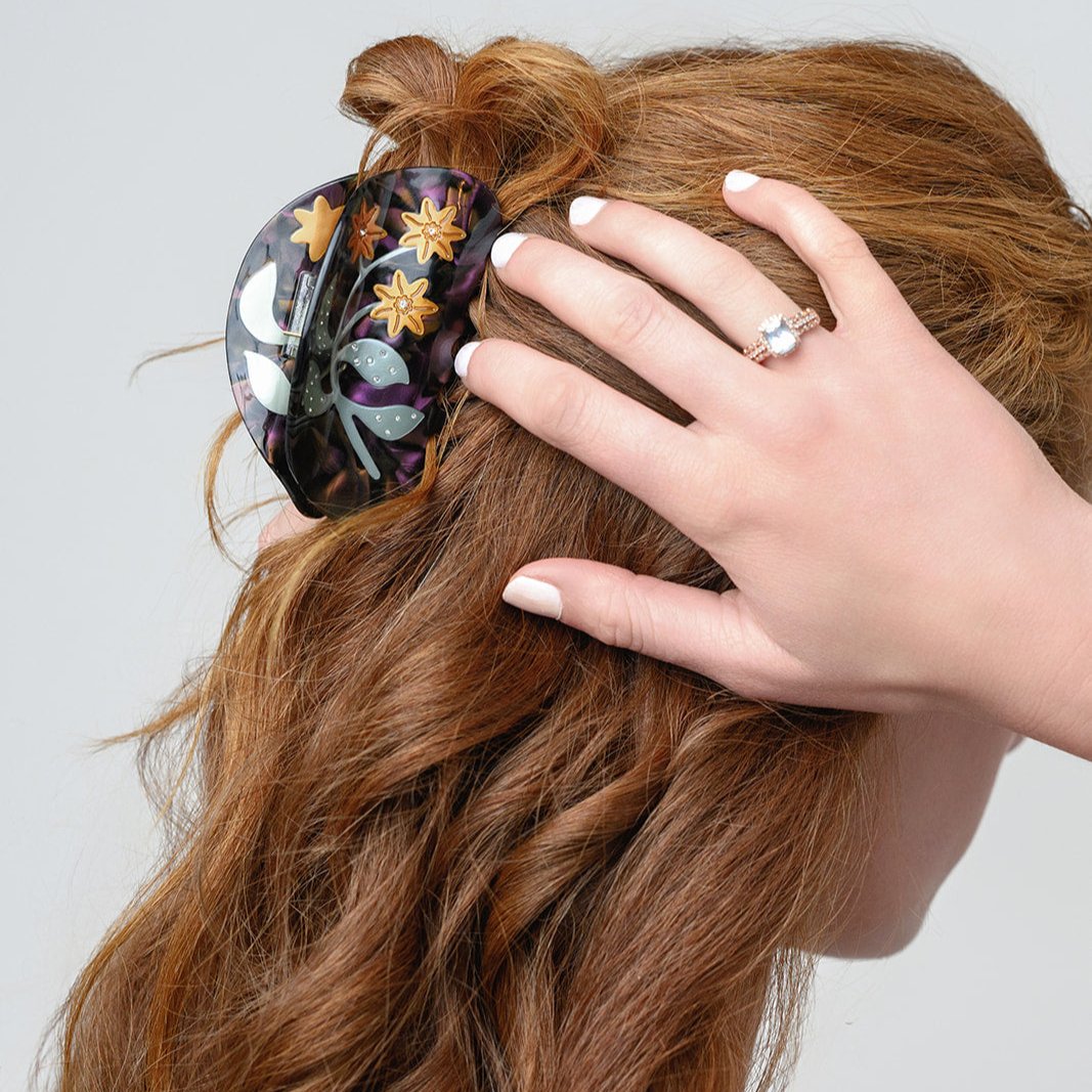 Lady's Mantle Flower Hair Claw in Purple and Gold Acetate