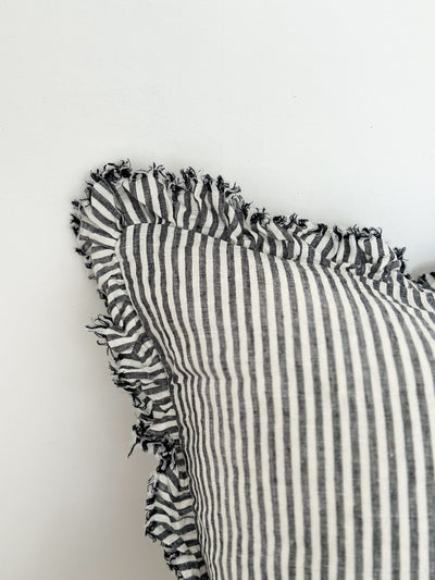 Ruffle Cushion Cover - Charcoal Stripe