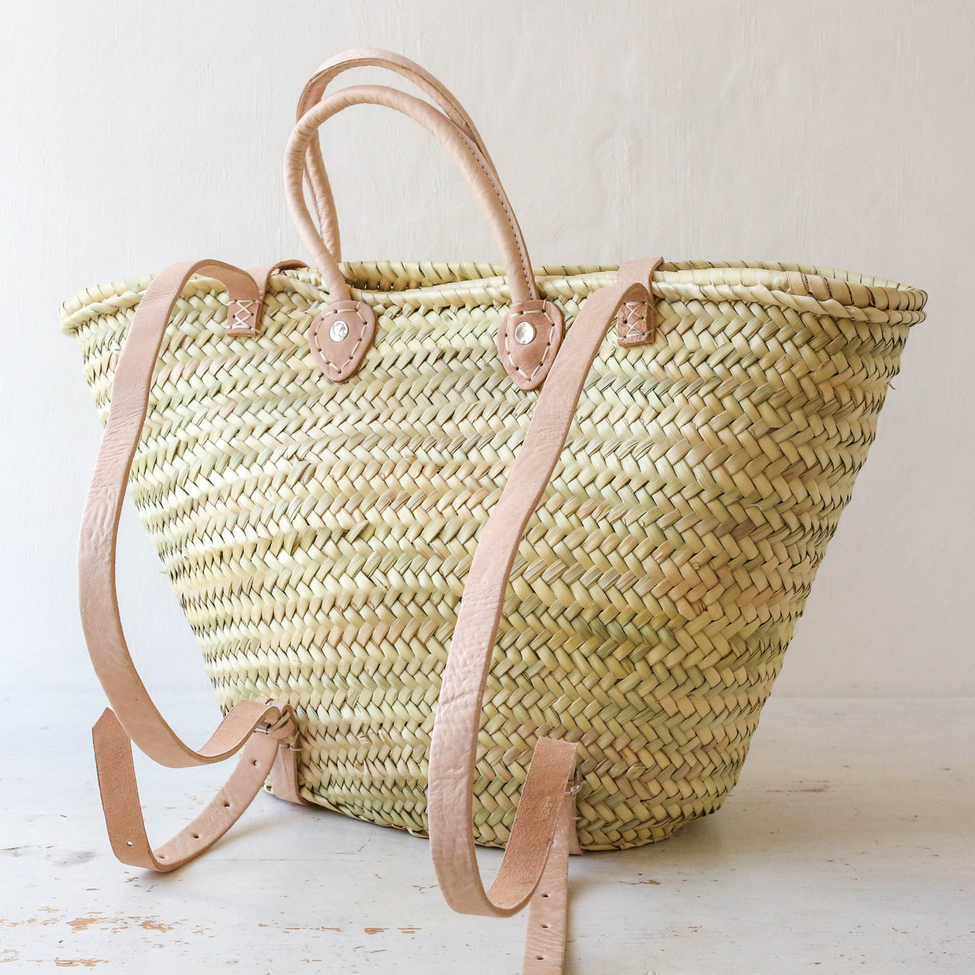  French basket with leather strap, Straw backpack
